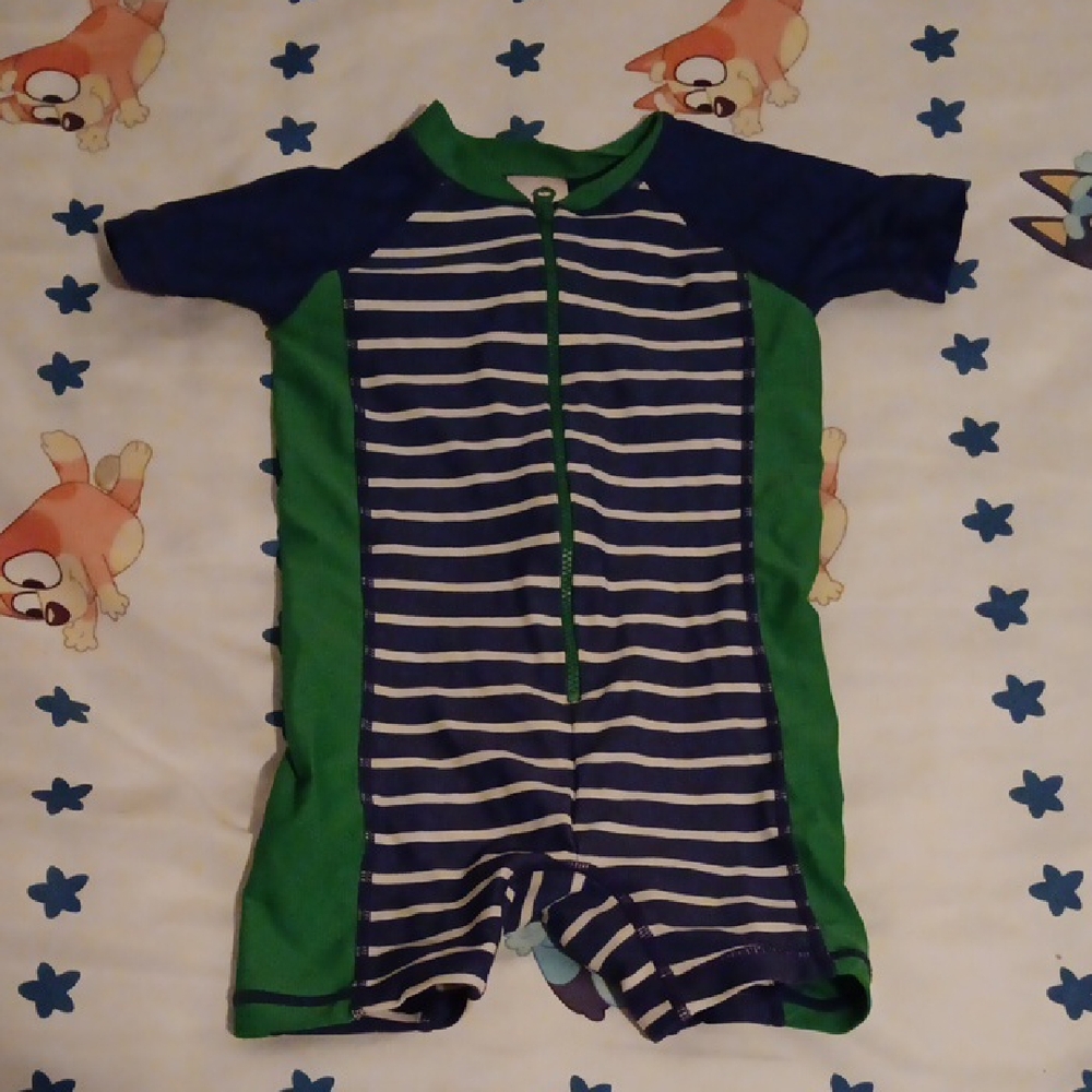 Hanna Andersson Blue and Green Striped Rashguard Onesie Suit - 2T